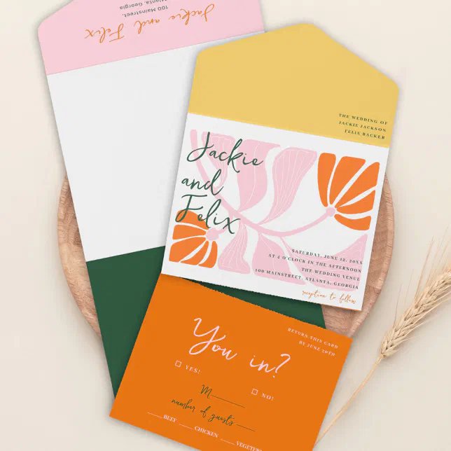 Boho Chic Retro Colorful Floral Wedding Invitation | Zazzle