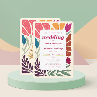 Boho Chic Retro Colorful Floral Wedding  Invitation