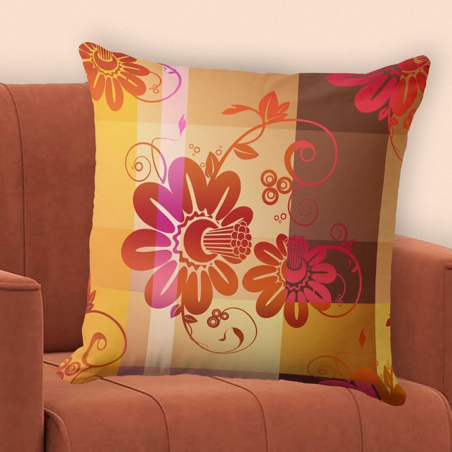Boho Chic Retro Fall Plaid Pattern Pillow (Pillow with an elegant plaid like pattern with floral swirls in warm fall colors.)
