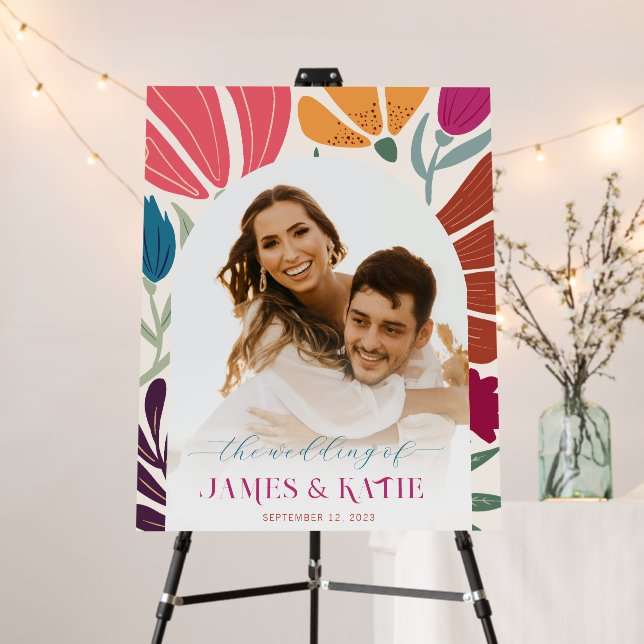 Boho Chic Retro Floral Photo Wedding Welcome Foam Board (In Situ (Stand))