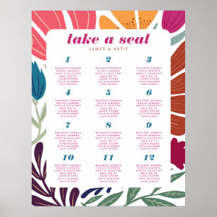 Boho Chic Retro Floral Wedding Table Seating Poster