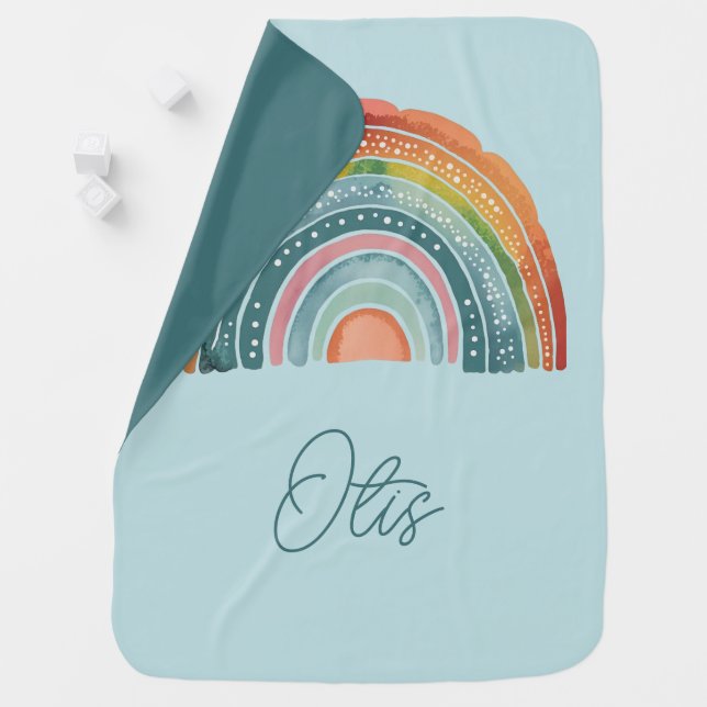 Boho Chic Retro Rainbow Baby Name Turquoise Blue Blanket (In Situ)