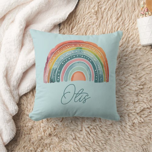 Boho Chic Retro Rainbow Baby Name Turquoise Blue Throw Pillow