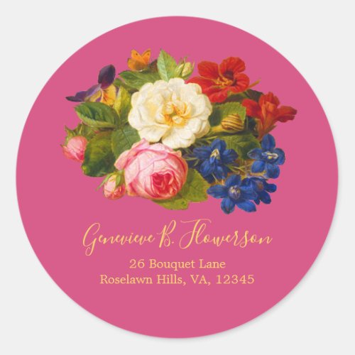 Boho Chic Roses Pink Gold Blue Butterfly Magenta Classic Round Sticker