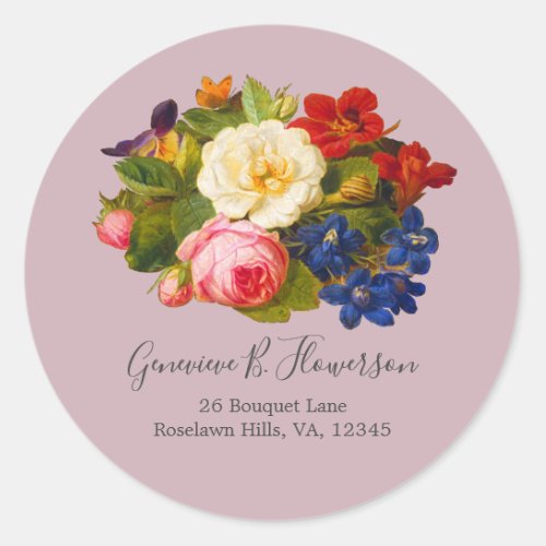 Boho Chic Roses Pink White Blue Butterfly Mauve Classic Round Sticker
