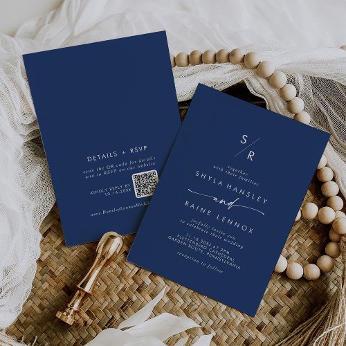 Boho Chic Royal Blue Monogram QR Code Wedding Invitation