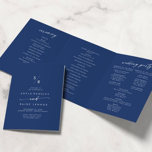 Boho Chic Royal Blue Monogram Wedding Tri_Fold Program