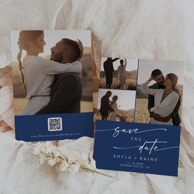 Boho Chic Royal Blue Multi Photo QR Code Save The Date (Creator Uploaded)