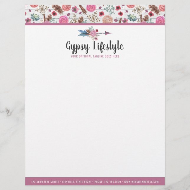Boho Chic Rustic Feather Arrow Watercolor Bohemian Letterhead (Front)