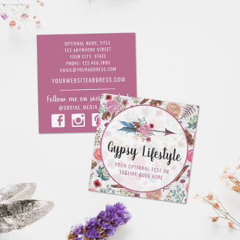Boho Chic Rustic Feather Arrow Watercolor Bohemian Square Business Card by CyanSkyDesign at Zazzle