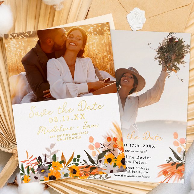 Boho chic rustic orange sunflowers 2 photo wedding foil invitation (Creator Uploaded)