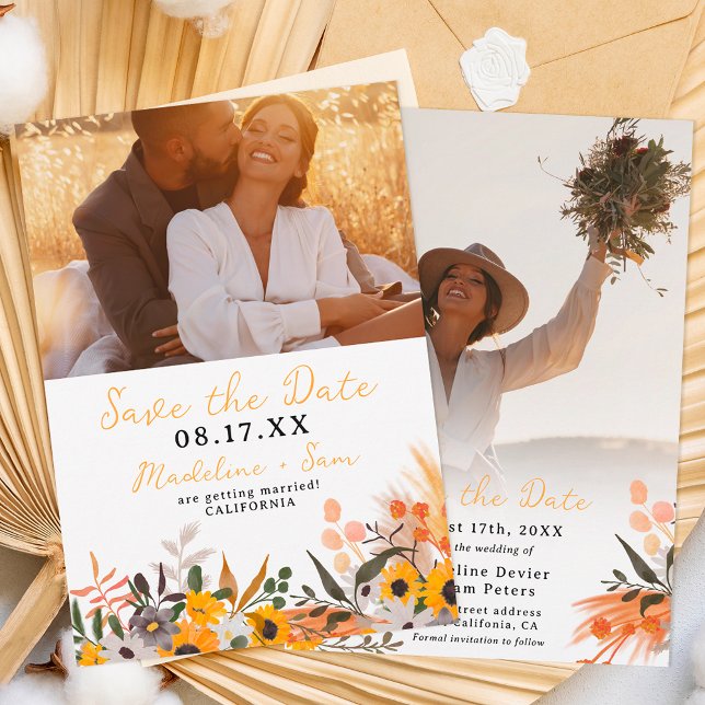 Boho chic rustic orange sunflowers 2 photo wedding save the date (Creator Uploaded)
