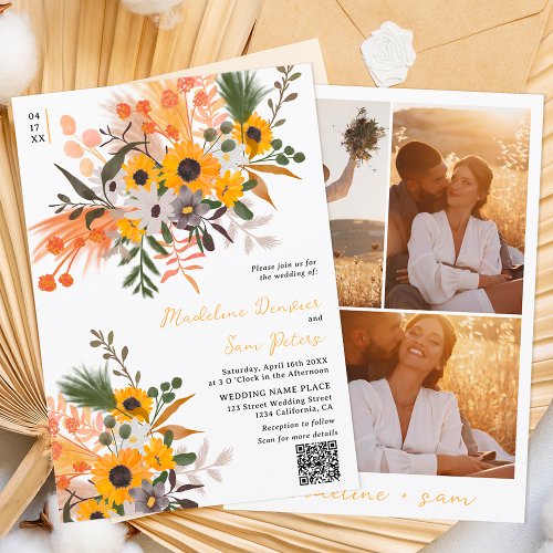 Boho chic rustic orange sunflowers 3 photo wedding invitation