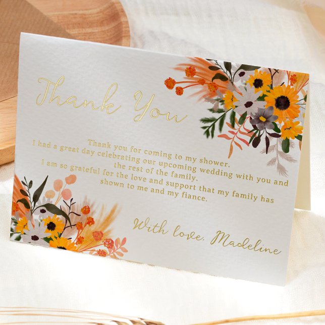 Boho chic rustic orange sunflowers bridal  foil greeting card (Creator Uploaded)
