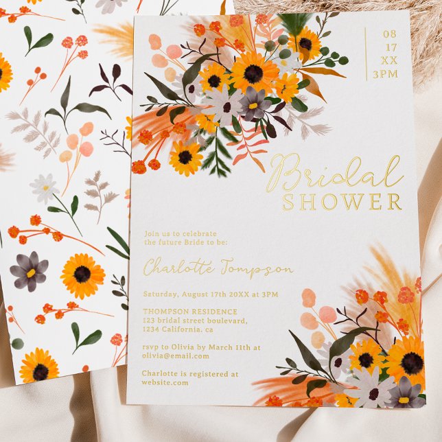 Boho chic rustic orange sunflowers bridal shower foil invitation (Creator Uploaded)
