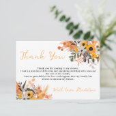 Boho chic rustic orange sunflowers bridal thank you card (Standing Front)