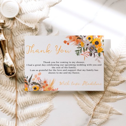 Boho chic rustic orange sunflowers bridal thank you card