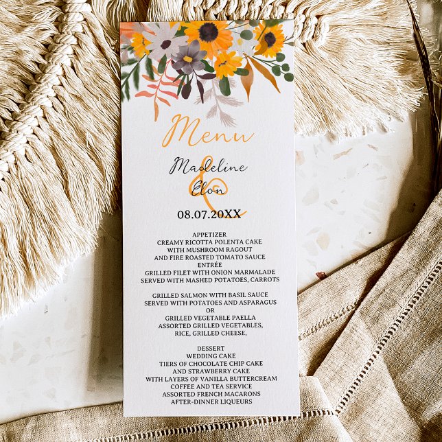 Boho chic rustic orange sunflowers wedding menu (Creator Uploaded)