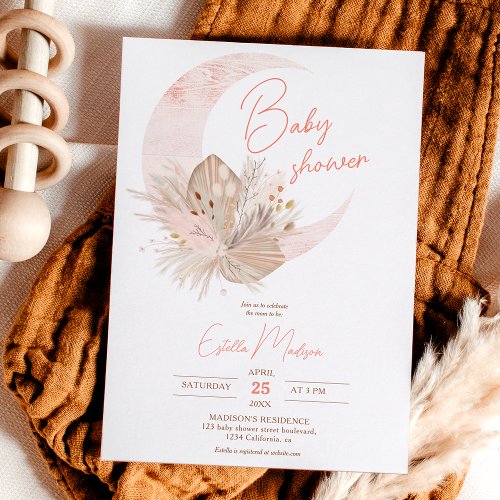 Boho chic rustic pampas floral moon baby shower invitation