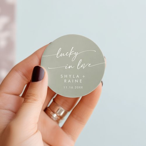 Boho Chic Sage Green Lucky In Love Favor Classic Round Sticker