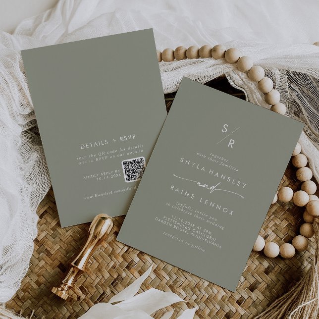 Boho Chic Sage Green Monogram QR Code Wedding Invitation (Creator Uploaded)