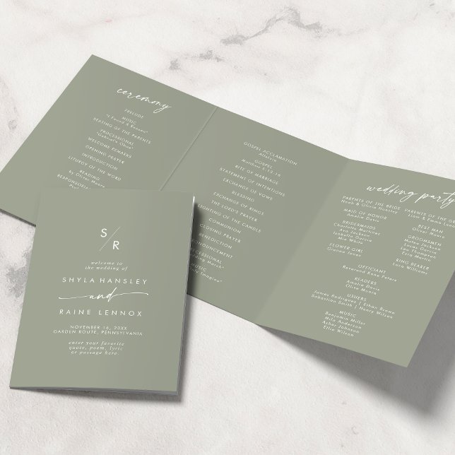 Boho Chic Sage Green Monogram Wedding Tri-Fold Program (Creator Uploaded)