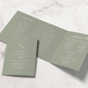 Boho Chic Sage Green Monogram Wedding Tri-Fold Program