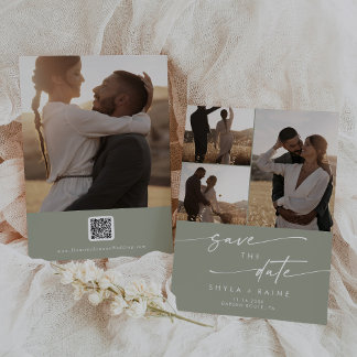 Boho Chic Sage Green Multi Photo QR Code Save The Date