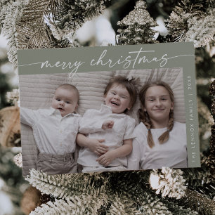 Boho Chic Sage Green Photo Fun Family Christmas Holiday Card