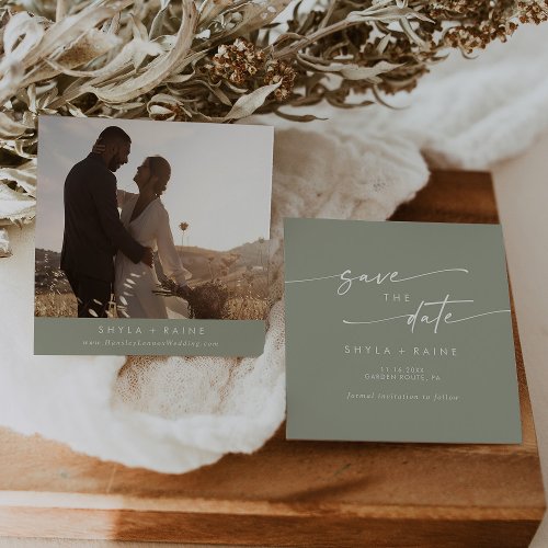 Boho Chic Sage Green Square Photo Back Save The Date