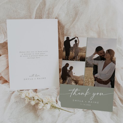 Boho Chic Sage Green Wedding Photo Collage Thank You Card