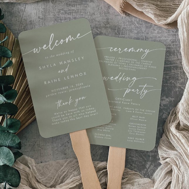 Boho Chic Sage Green Wedding Program Hand Fan (Creator Uploaded)