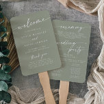 Boho Chic Sage Green Wedding Program Hand Fan<br><div class="desc">This boho chic sage green wedding program hand fan is perfect for a minimalist wedding ceremony. The neutral light green earth tone modern bohemian design features simple rustic calligraphy with a unique yet classic style. Personalize your wedding program with you names, wedding date, location, thank you message, order of service,...</div>