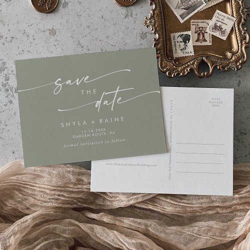 Boho Chic Sage Green Wedding Save the Date Invitation Postcard