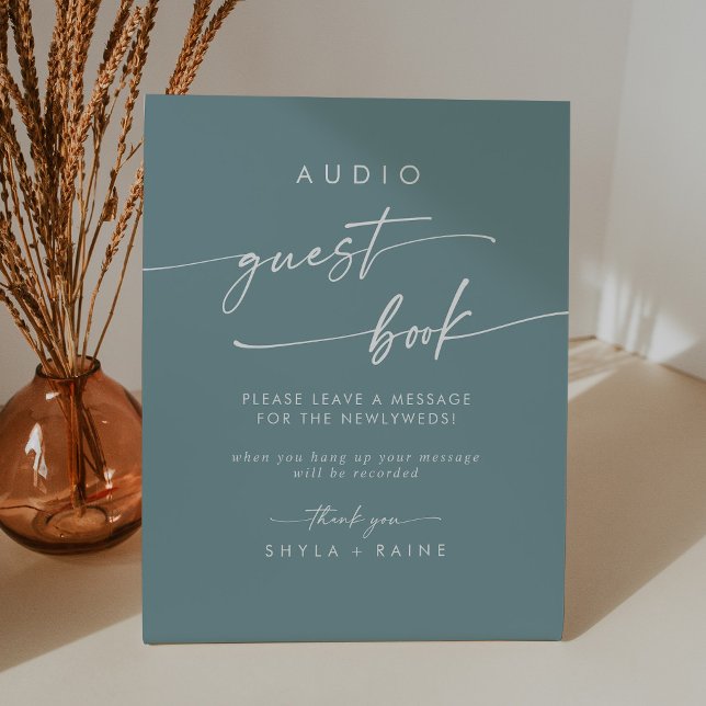 Boho Chic Seafoam Teal Audio Guestbook Wedding Pedestal Sign (Creator Uploaded)