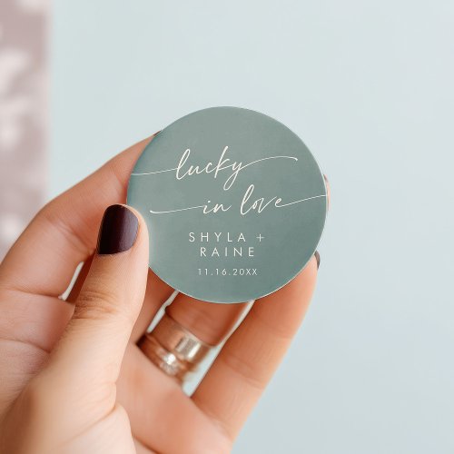 Boho Chic Seafoam Teal Lucky In Love Favor Classic Round Sticker