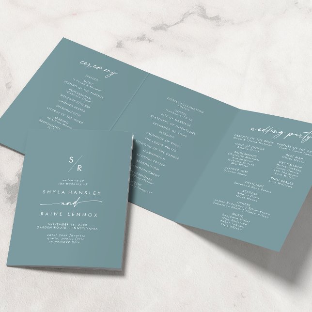 Boho Chic Seafoam Teal Monogram Wedding Tri-Fold Program (Creator Uploaded)