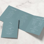 Boho Chic Seafoam Teal Monogram Wedding Tri-Fold Program<br><div class="desc">This boho chic seafoam teal monogram wedding tri-fold program is perfect for a minimalist wedding. The colorful blue green modern bohemian design features simple rustic calligraphy with a unique yet classic style reminiscent of the beach, ocean and summer seaside. Personalize your wedding program with your initials, names, wedding date and...</div>