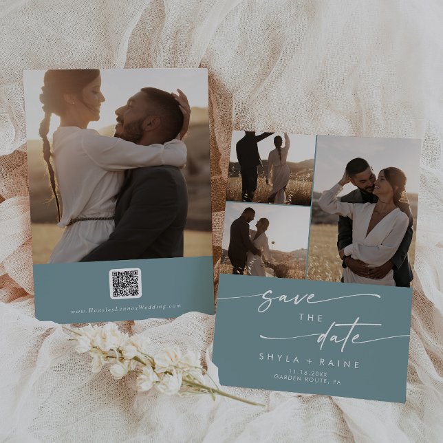 Boho Chic Seafoam Teal Multi Photo QR Code Save The Date (Creator Uploaded)