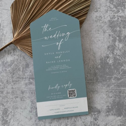 Boho Chic Seafoam Teal QR Code Mail In Wedding All In One Invitation