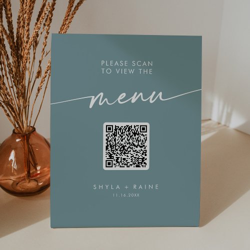 Boho Chic Seafoam Teal QR Code Wedding Menu Pedestal Sign