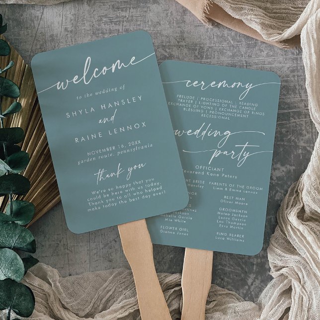 Boho Chic Seafoam Teal Wedding Program Hand Fan (Creator Uploaded)