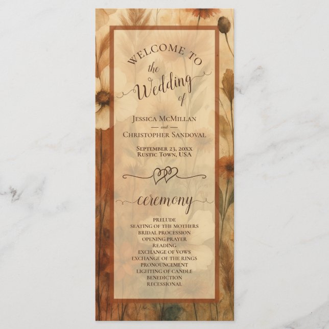 Boho Chic Sienna Wildflowers Elegant Wedding Program (Front)