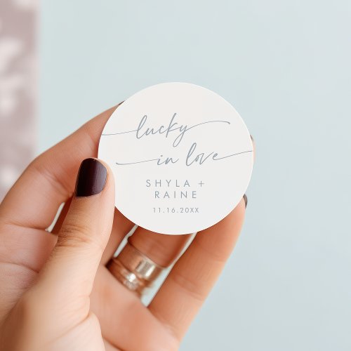 Boho Chic Slate Blue Lucky In Love Favor Classic Round Sticker