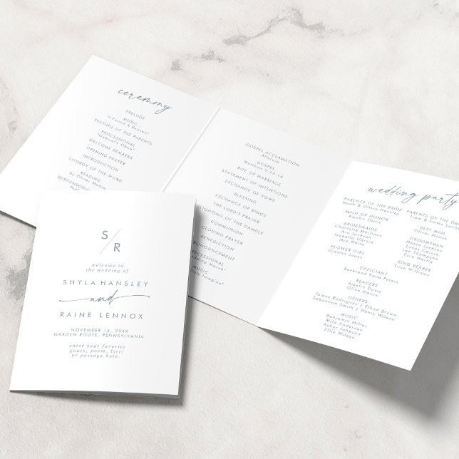 Boho Chic Slate Blue Monogram Wedding Tri-Fold Program (Creator Uploaded)