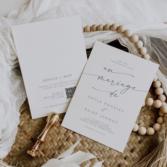 Boho Chic Slate Blue QR Code French Wedding Invitation (Creator Uploaded)