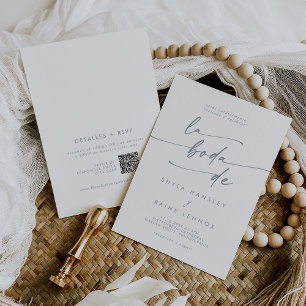 Boho Chic Slate Blue QR Code Spanish Wedding Invitation