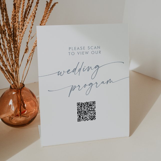 Boho Chic Slate Blue QR Code Wedding Program Pedestal Sign (Creator Uploaded)