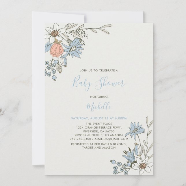 Boho chic Spring Blue Floral  Baby Shower Invitation (Front)