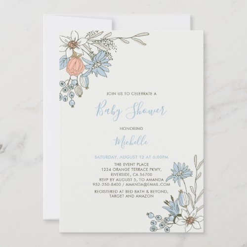 Boho chic Spring Blue Floral  Baby Shower Invitation